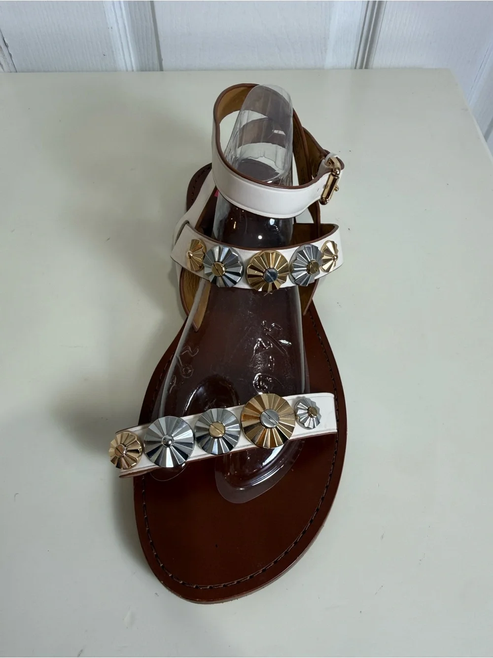 Coach Eleanor Studded Leather Flat Sandals Ivory/Cream Women’s Size 10B